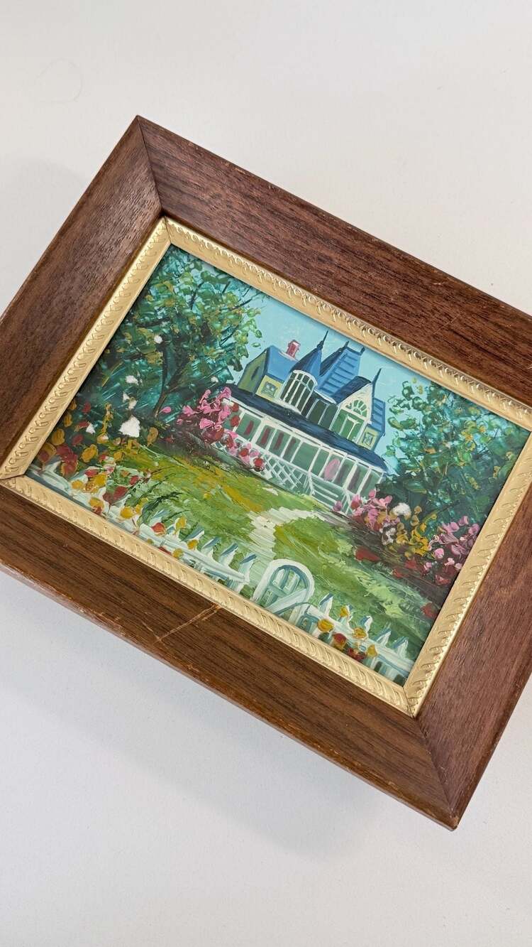 Vintage Framed Print of a Victorian Home Country Cottage with White Picket Fence